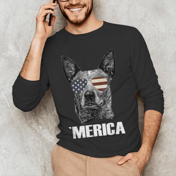 4th July Blue Heeler Dog Merica Patriotic USA Flag Cute Men's Long Sleeve T-Shirt, novelty gifts, funny gifts