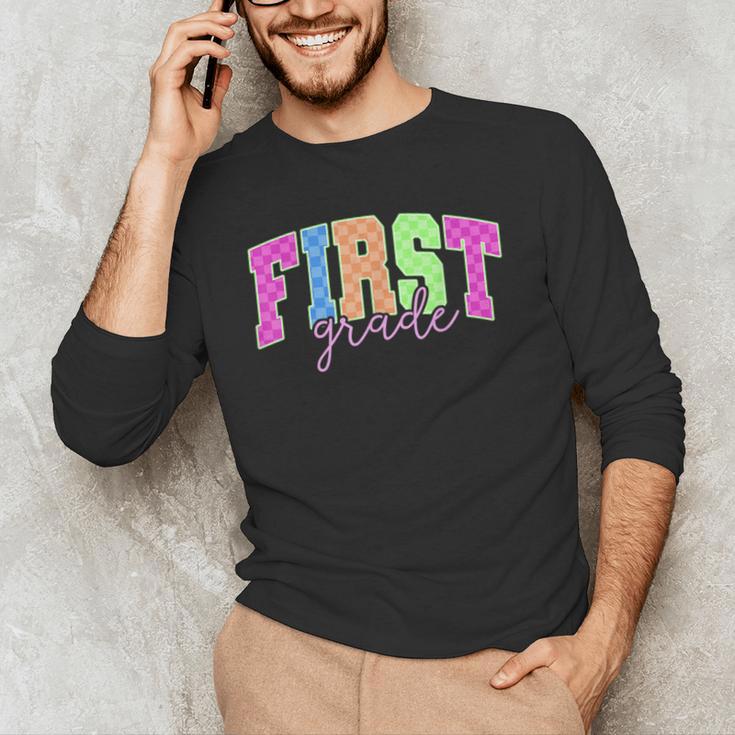 Back To School Neon Checkered First Grade Colorful Teacher Men's Long Sleeve T-Shirt, novelty gifts, funny gifts Back To School Neon Checkered First Grade Colorful Teacher Men's Long Sleeve T-Shirt, novelty gifts, funny gifts