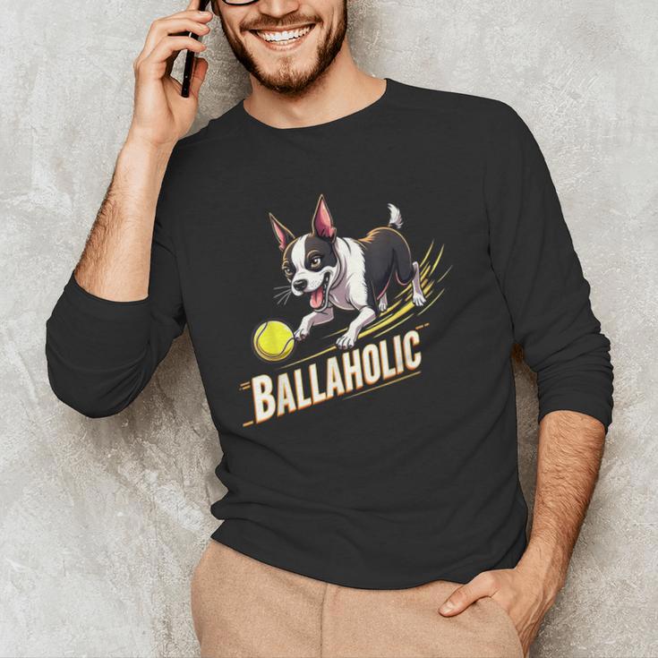 Ballaholic Boston Terrier Dog Chasing Bostie Ball Men's Long Sleeve T-Shirt, novelty gifts, funny gifts