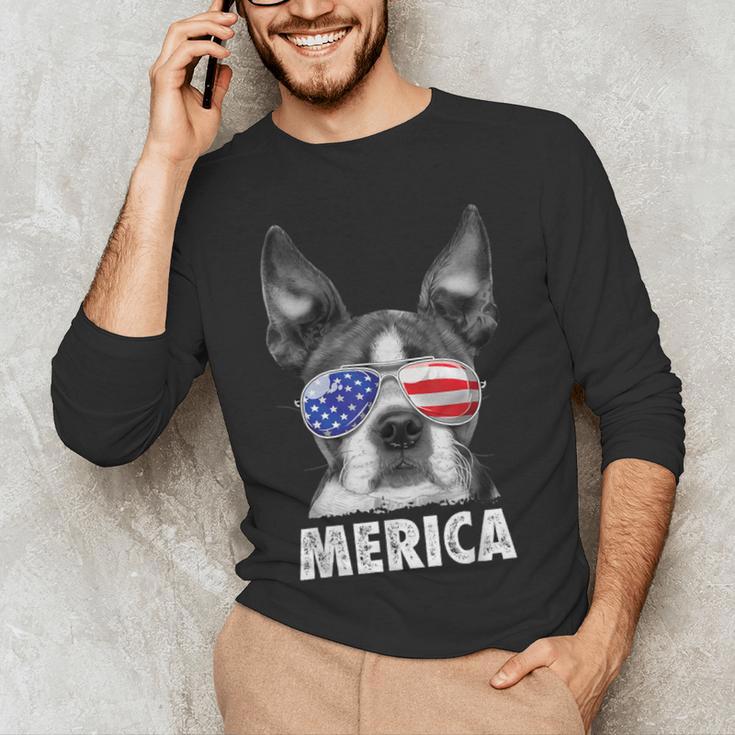 Boston Terrier 4th Of July Merica Men Women USA Flag Vintage Men's Long Sleeve T-Shirt, novelty gifts, funny gifts