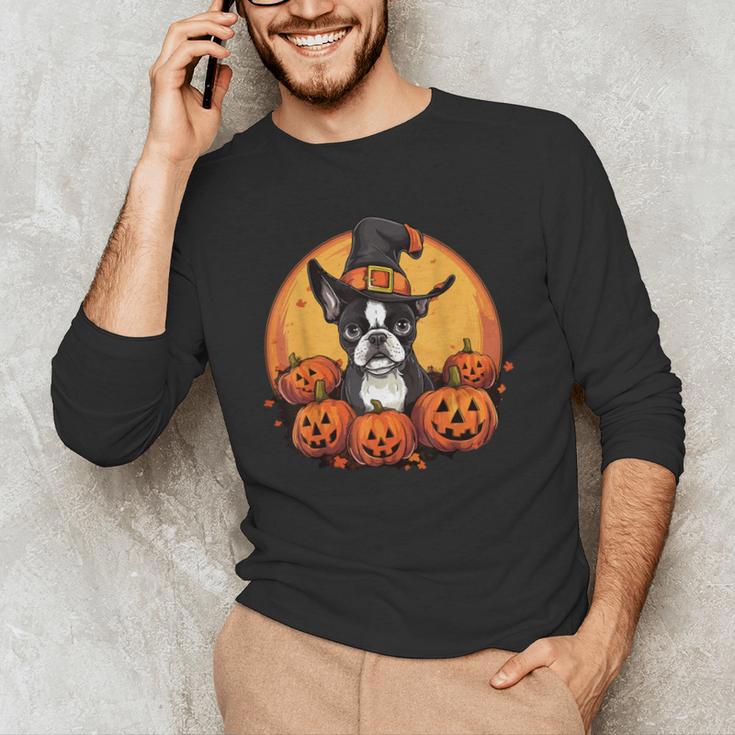 Boston Terrier Bostie Dog Breed Pet Halloween Pumpkins Men's Long Sleeve T-Shirt, novelty gifts, funny gifts