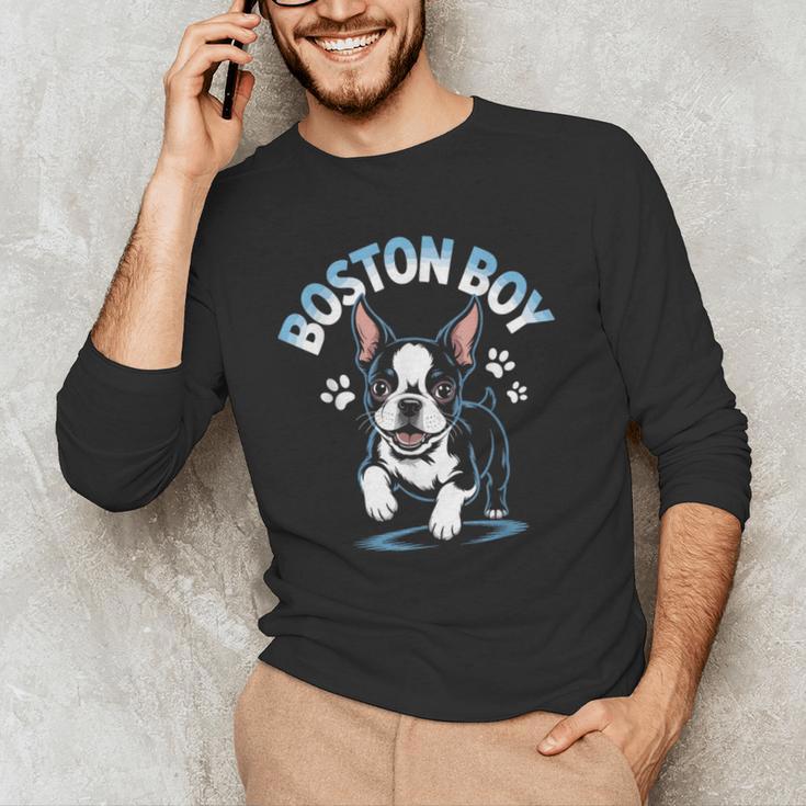 Boston Terrier Boy Cute Cartoon Dog Owner Pet Boston Terrier Men's Long Sleeve T-Shirt, novelty gifts, funny gifts