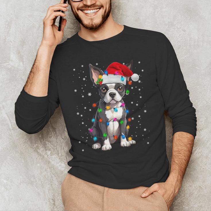 Boston Terrier Christmas Santa Hat Tree Lights Pajama Men's Long Sleeve T-Shirt, novelty gifts, funny gifts