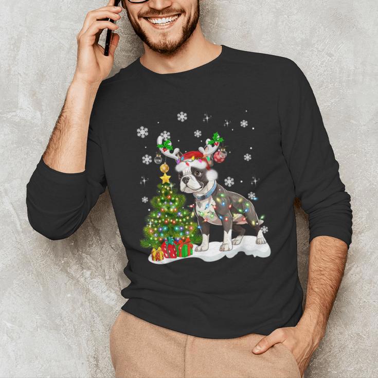 Boston Terrier Christmas Tree Lights Santa Hat Men's Long Sleeve T-Shirt, novelty gifts, funny gifts