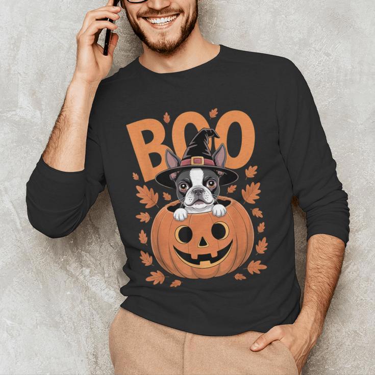 Boston Terrier Costume On Pumpkin Halloween Boston Terrier Men's Long Sleeve T-Shirt, novelty gifts, funny gifts