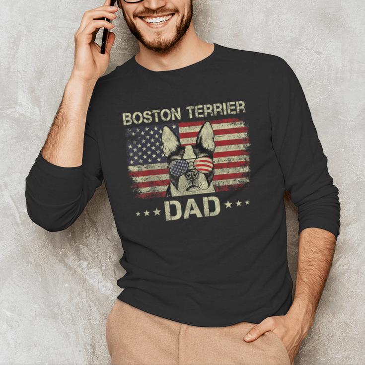 Boston Terrier Dad Dog Lovers American Flag 4th Of July For Women Men Men's Long Sleeve T-Shirt, novelty gifts, funny gifts