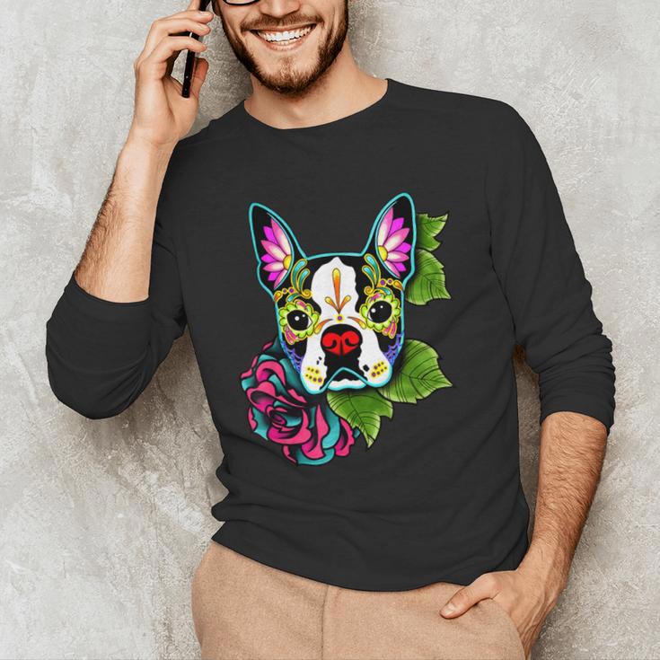 Boston Terrier In Day Of The Dead Sugar Skull Dog Men's Long Sleeve T-Shirt, novelty gifts, funny gifts