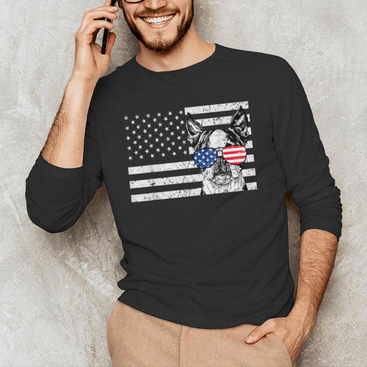 Boston Terrier Dog 4th Of July US American Flag Patriotic Men's Long Sleeve T-Shirt, novelty gifts, funny gifts