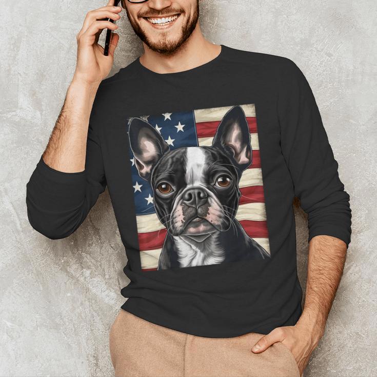 Boston Terrier Dog American Flag 4th Of July Patriotic Puppy Men's Long Sleeve T-Shirt, novelty gifts, funny gifts