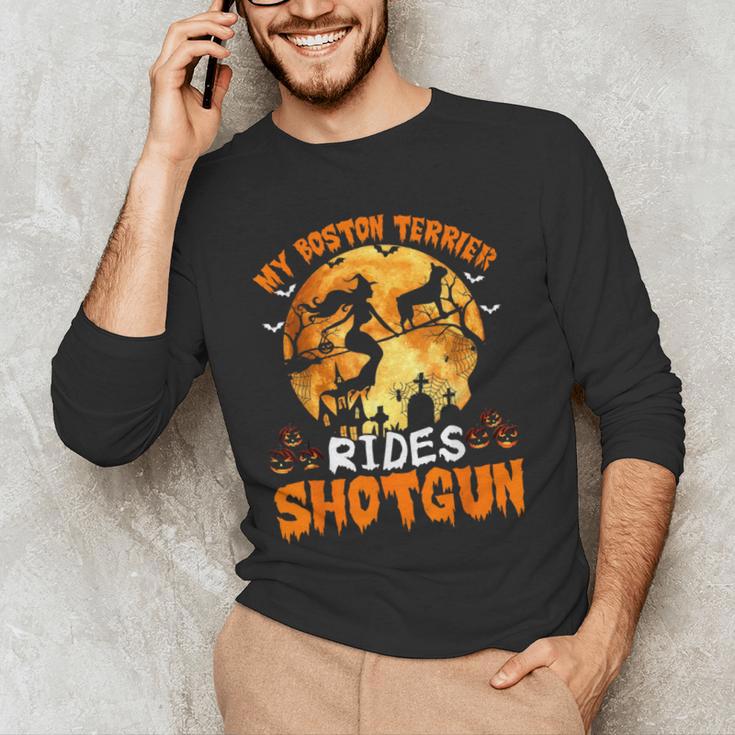 My Boston Terrier Dog Rides Shotgun Witch Halloween Men Women Men's Long Sleeve T-Shirt, novelty gifts, funny gifts