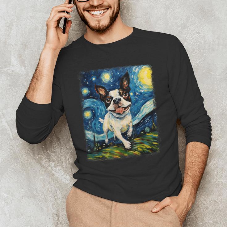 Boston Terrier Dog Starry Night Painting Men's Long Sleeve T-Shirt, novelty gifts, funny gifts