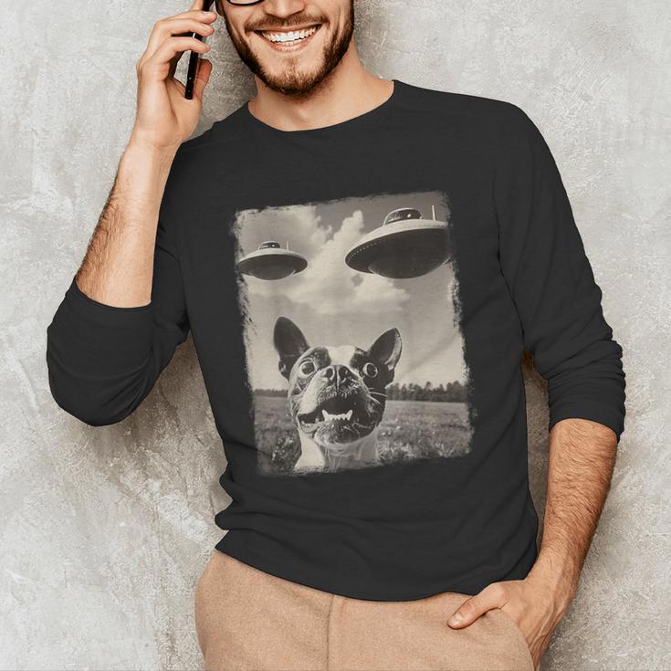 Boston Terrier Dog UFO Alien Extraterrestrial Selfie Men's Long Sleeve T-Shirt, novelty gifts, funny gifts