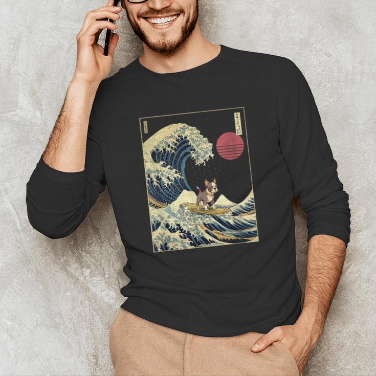 Boston Terrier Japanese Kanagawa Wave Surf Dog Men's Long Sleeve T-Shirt, novelty gifts, funny gifts