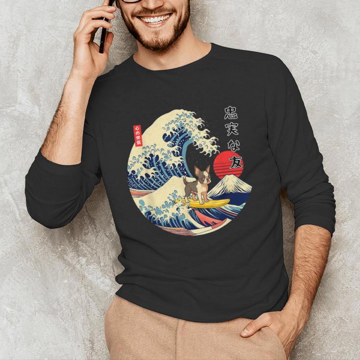 Boston Terrier Japanese Kanagawa Wave Surf Loyal Dog Men Women Kids Men's Long Sleeve T-Shirt, novelty gifts, funny gifts