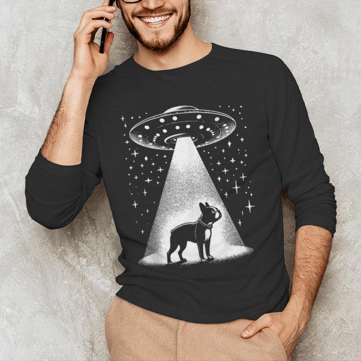 Boston Terrier Mom Dad Dog Alien UFO Men's Long Sleeve T-Shirt, novelty gifts, funny gifts