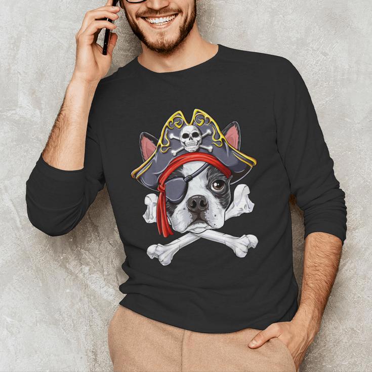 Boston Terrier Pirate T Shirt Jolly Roger Crossbones Skull Men's Long Sleeve T-Shirt, novelty gifts, funny gifts