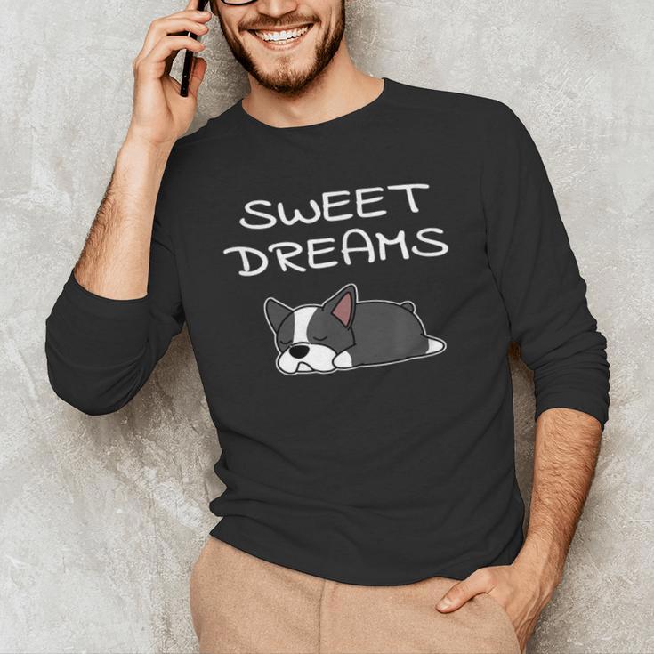 Boston Terrier Puppy Sweet Dreams Pajama For Bedtime Men's Long Sleeve T-Shirt, novelty gifts, funny gifts