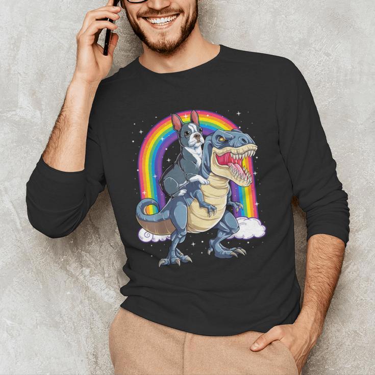Boston Terrier Riding Dinosaur T-Rex Boys Kids Rainbow Men's Long Sleeve T-Shirt, novelty gifts, funny gifts