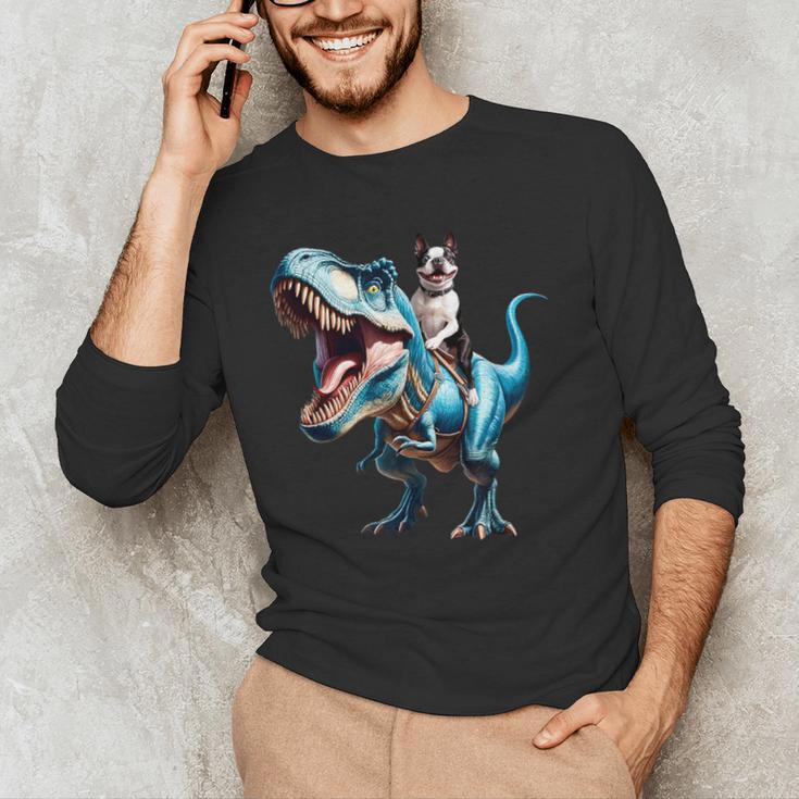 Boston Terrier Riding T-Rex Dinosaur Dog Lover Men's Long Sleeve T-Shirt, novelty gifts, funny gifts