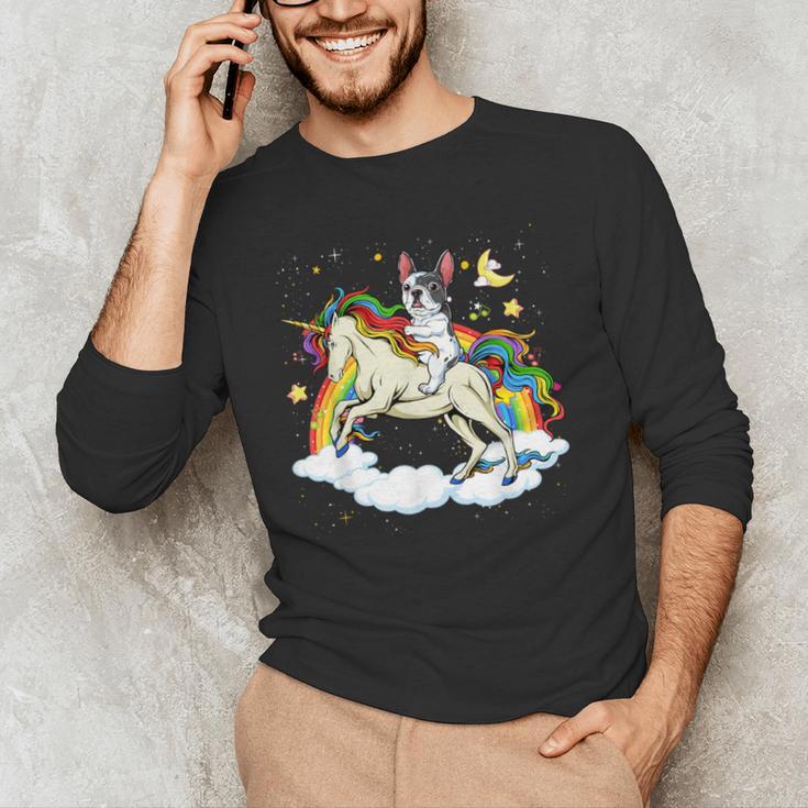 Boston Terrier Riding Unicorn Boys Girls Kids Rainbow Men's Long Sleeve T-Shirt, novelty gifts, funny gifts