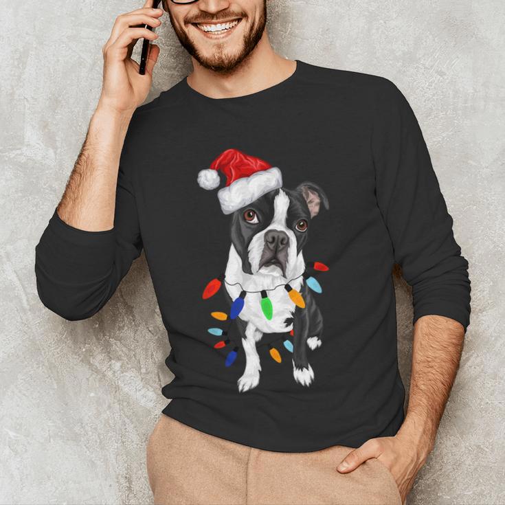 Boston Terrier Santa Christmas Lights Xmas Dog Lover Men Women Kids Men's Long Sleeve T-Shirt, novelty gifts, funny gifts