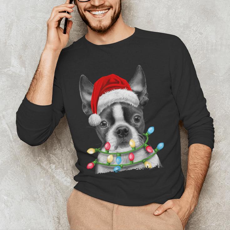 Boston Terrier Santa Christmas Tree Lights Xmas Boys Men Dog Men's Long Sleeve T-Shirt, novelty gifts, funny gifts