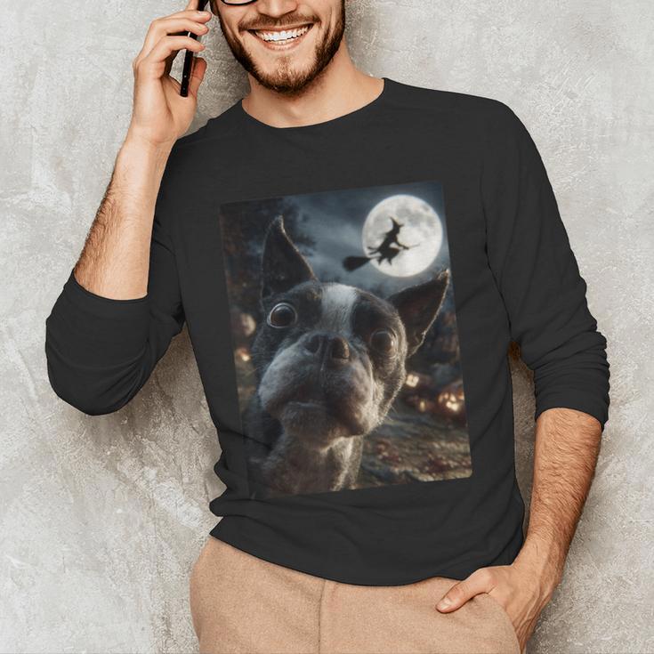 Boston Terrier Selfie Full Moon Flying Witch Halloween Dog Men's Long Sleeve T-Shirt, novelty gifts, funny gifts