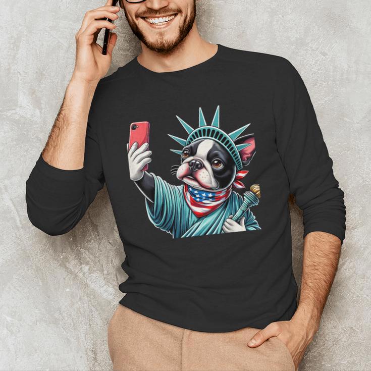 Boston Terrier Selfie Statue Of Liberty 4th Of July American Men's Long Sleeve T-Shirt, novelty gifts, funny gifts