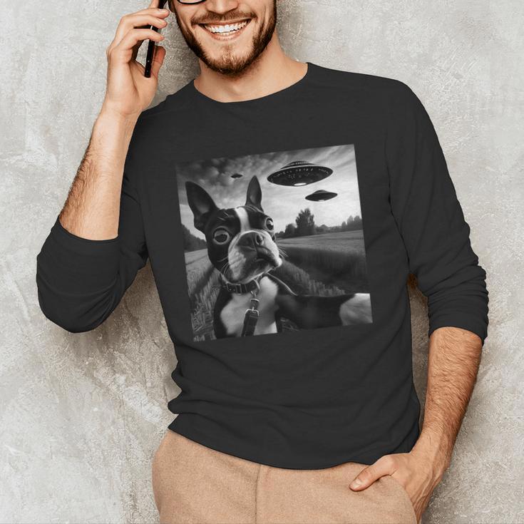 Boston Terrier Graphic Selfie With UFOs Weird Aliens Men's Long Sleeve T-Shirt, novelty gifts, funny gifts