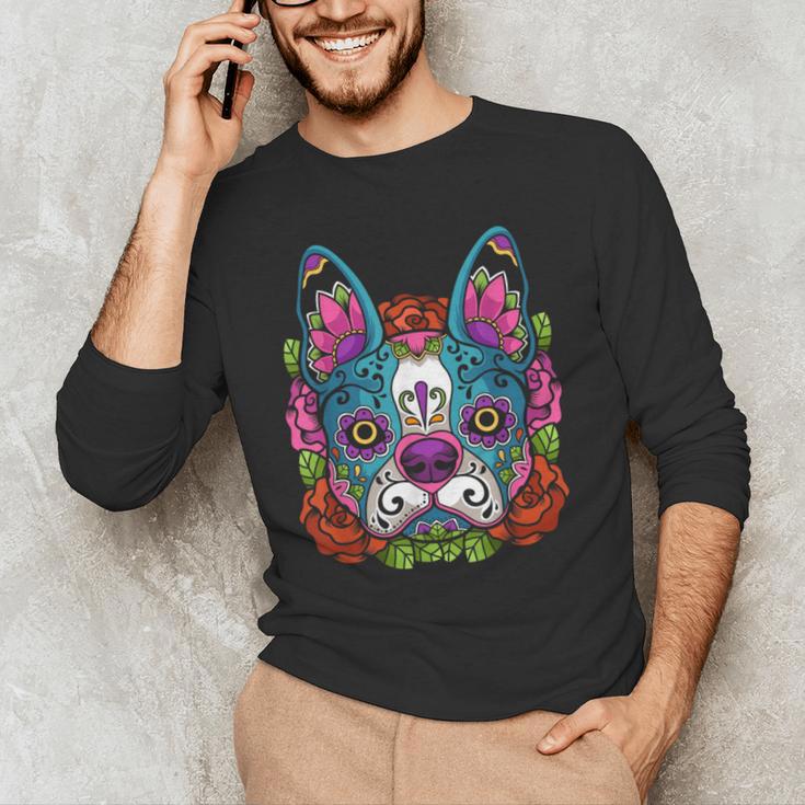 Boston Terrier Sugar Skull Dog Day Of The Dead Men's Long Sleeve T-Shirt, novelty gifts, funny gifts