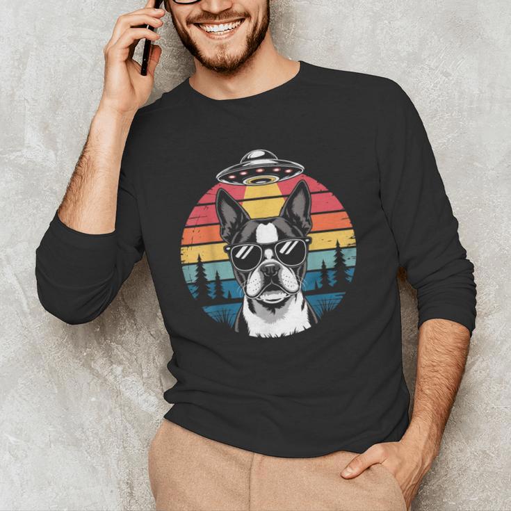 Boston Terrier UFO Alien Boston Terrier Dog Mom Dad Men's Long Sleeve T-Shirt, novelty gifts, funny gifts