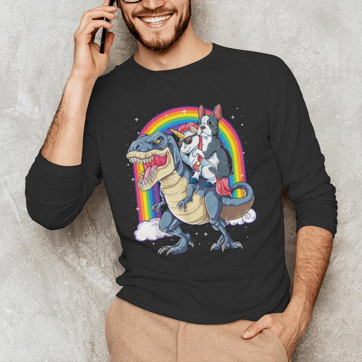 Boston Terrier Unicorn Riding Dinosaur T-Rex Girls Rainbow Men's Long Sleeve T-Shirt, novelty gifts, funny gifts