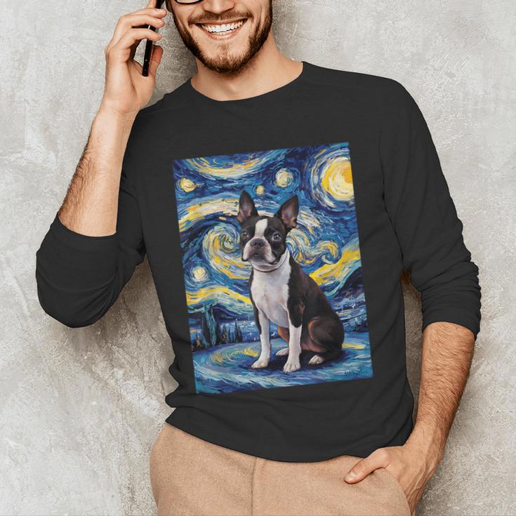 Boston Terrier Van Gogh Starry Night Men's Long Sleeve T-Shirt, novelty gifts, funny gifts