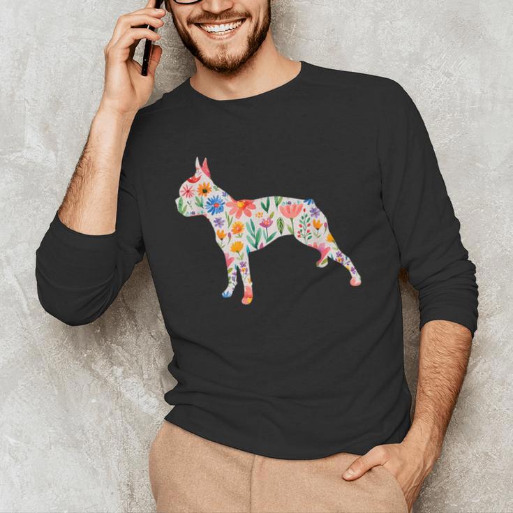Boston Terrier Watercolor Flowers Men's Long Sleeve T-Shirt, novelty gifts, funny gifts