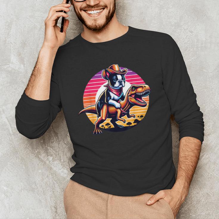 Boston Terrier Wearing A Cowboy Hat On T-Rex Men's Long Sleeve T-Shirt, novelty gifts, funny gifts