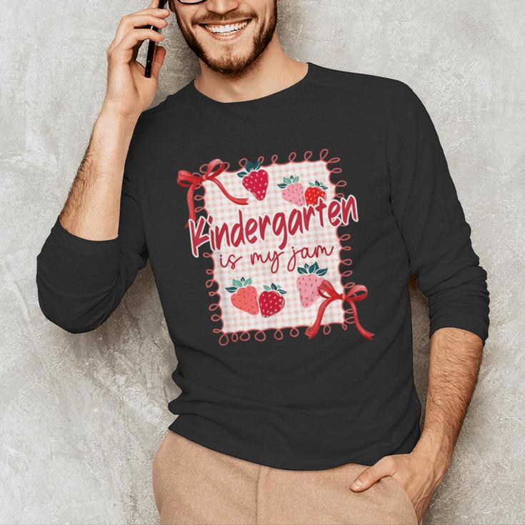 Bow Strawberry Kindergarten Is My Jam Teacher Kinder Team Men's Long Sleeve T-Shirt, novelty gifts, funny gifts Bow Strawberry Kindergarten Is My Jam Teacher Kinder Team Men's Long Sleeve T-Shirt, novelty gifts, funny gifts