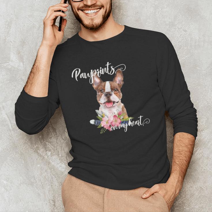 Brown Boston Terrier With Flowers And Feathers Men's Long Sleeve T-Shirt, novelty gifts, funny gifts