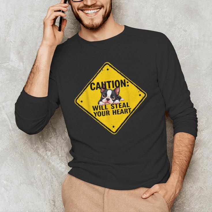 Caution Sign Boston Terrier Dog Bostie Puppy Men's Long Sleeve T-Shirt, novelty gifts, funny gifts