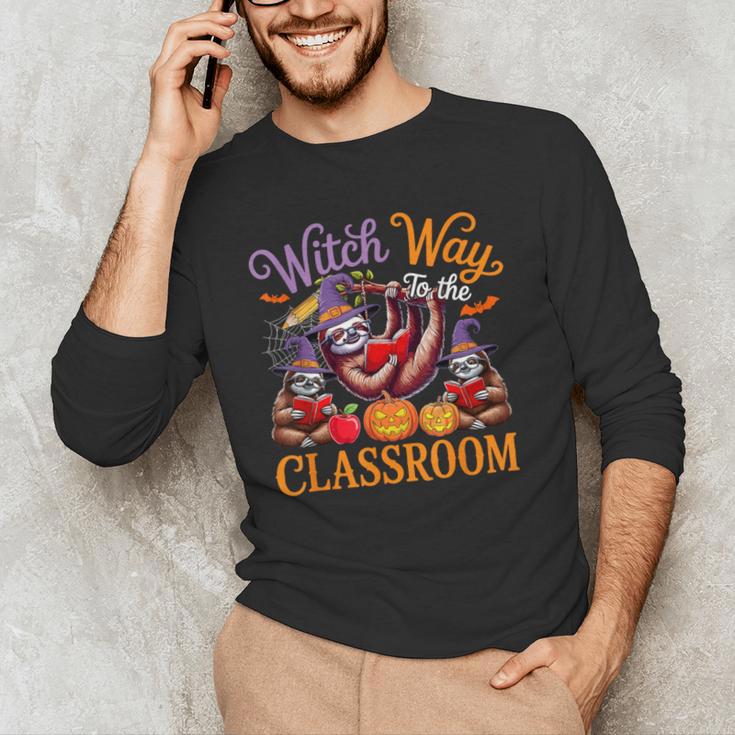Way To Classroom Halloween Witch Three Cute Sloths Teacher Men's Long Sleeve T-Shirt, novelty gifts, funny gifts Way To Classroom Halloween Witch Three Cute Sloths Teacher Men's Long Sleeve T-Shirt, novelty gifts, funny gifts