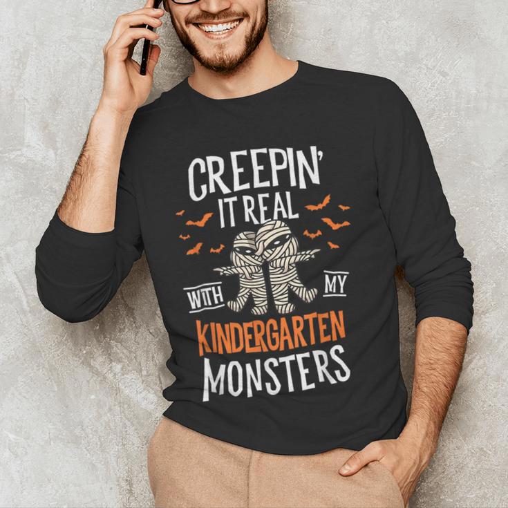 Creepin It Real Kindergarten Monsters Halloween Teacher Men's Long Sleeve T-Shirt, novelty gifts, funny gifts