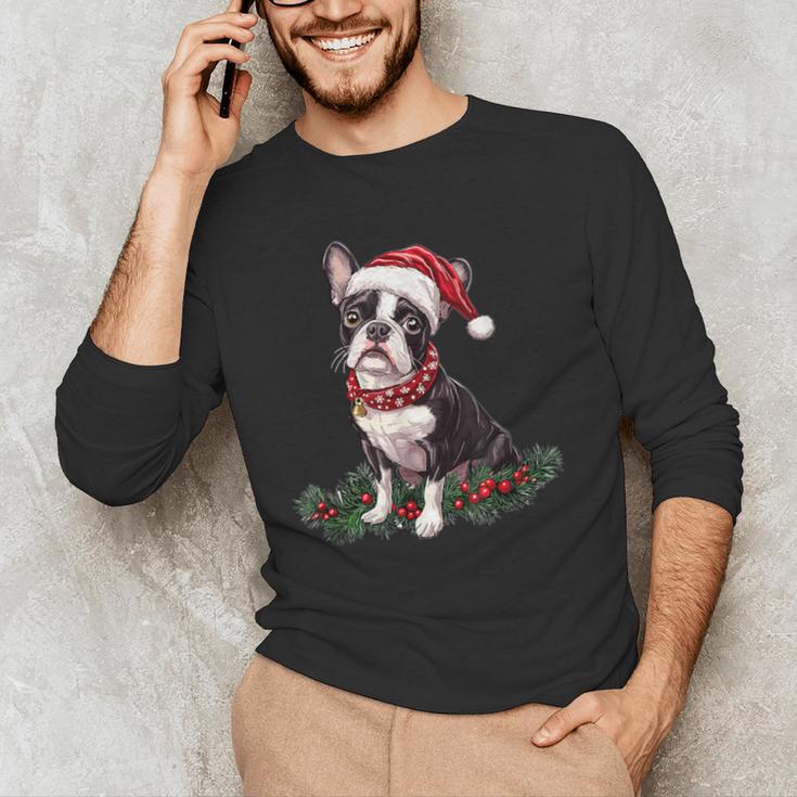 Cute Boston Terrier Dog Christmas Merry X-Mas Graphic Men's Long Sleeve T-Shirt, novelty gifts, funny gifts