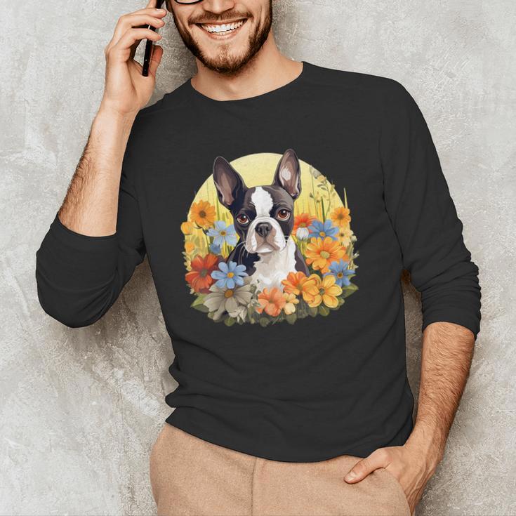 Cute Boston Terrier Spring Flower Garden Colorful Puppy Dog Men's Long Sleeve T-Shirt, novelty gifts, funny gifts