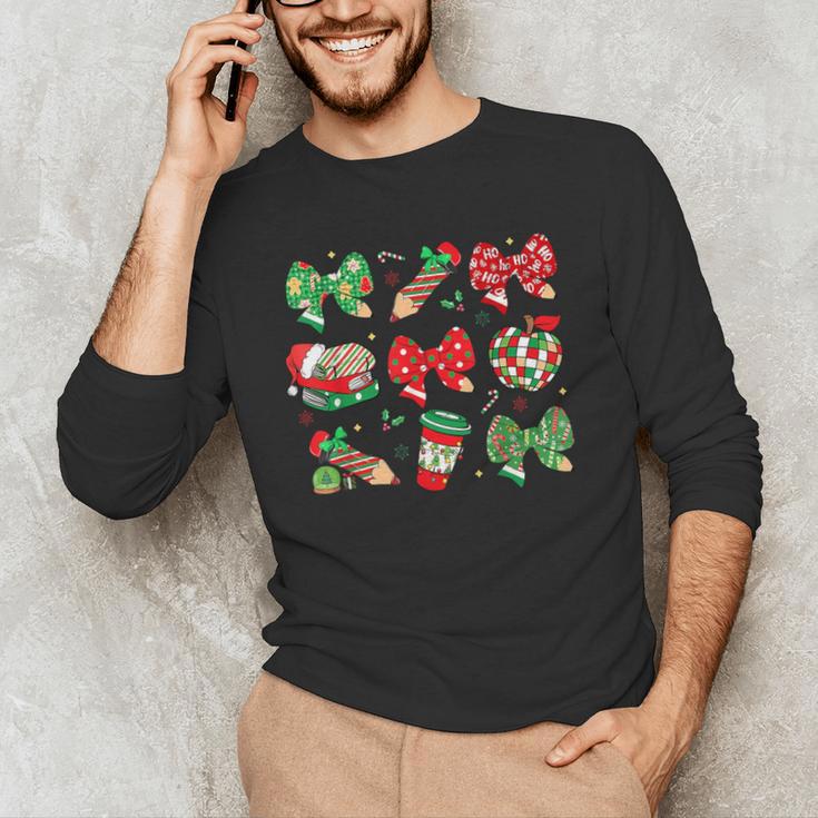 Cute Coquette Pencil Bow Christmas School Teacher Student Men's Long Sleeve T-Shirt, novelty gifts, funny gifts