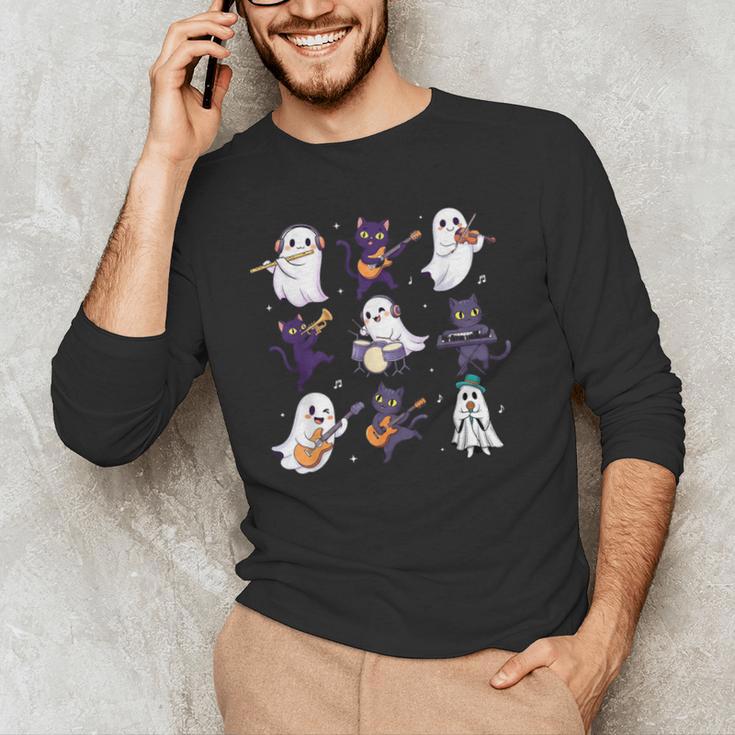 Cute Ghost Cat Playing Musical Halloween Music Teacher Men's Long Sleeve T-Shirt, novelty gifts, funny gifts
