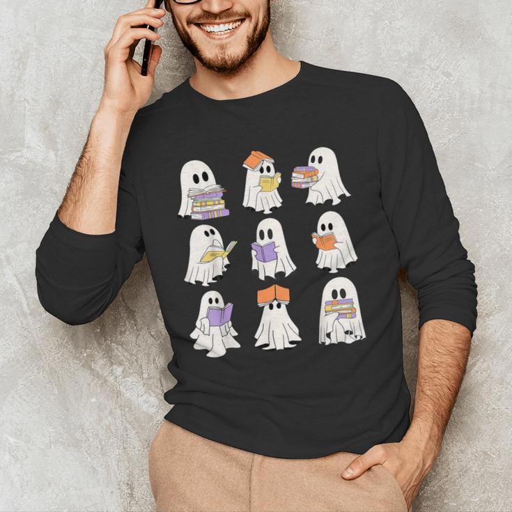 Cute Ghost Reading Books Teacher Halloween Reading Men Women Kids Men's Long Sleeve T-Shirt, novelty gifts, funny gifts