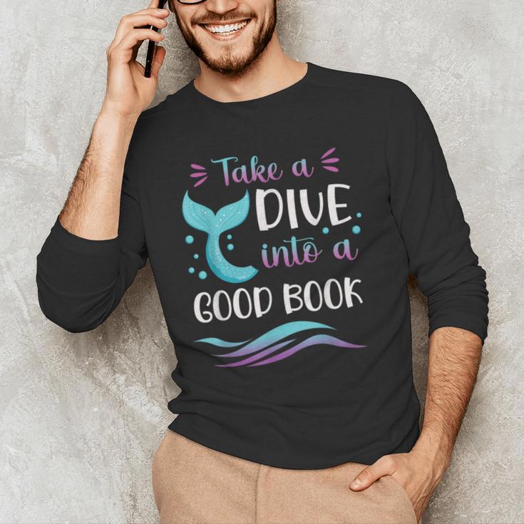 Cute Mermaid Librarian Teacher Dive Into A Good Book Reading Men's Long Sleeve T-Shirt, novelty gifts, funny gifts Cute Mermaid Librarian Teacher Dive Into A Good Book Reading Men's Long Sleeve T-Shirt, novelty gifts, funny gifts