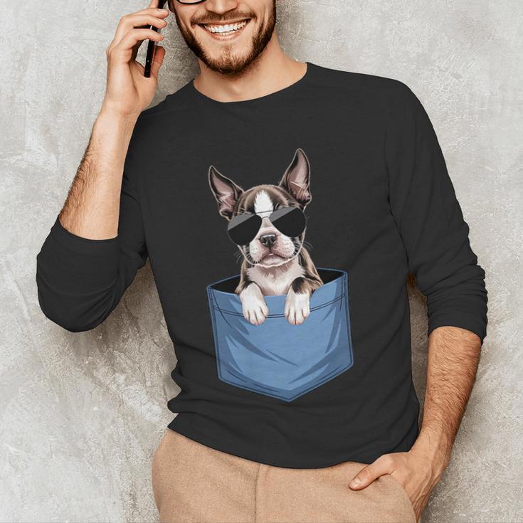Cute Pocket Boston Terrier Lover Dog Mom Men's Long Sleeve T-Shirt, novelty gifts, funny gifts