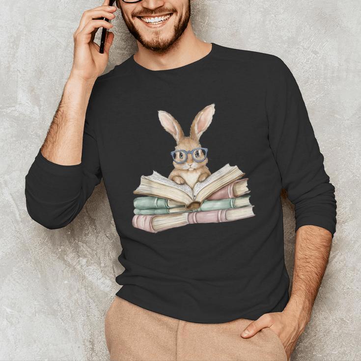 Cute Reading Bunny Glasses Books Bookworm Reader Teacher Men's Long Sleeve T-Shirt, novelty gifts, funny gifts