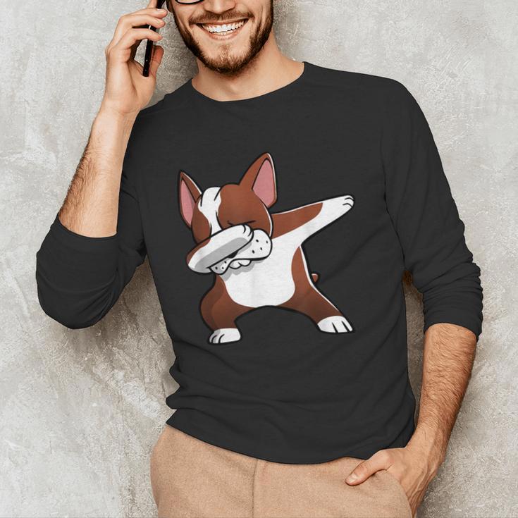 Dabbing Red Boston Terrier Dab Dance Dog Men Women Kids Men's Long Sleeve T-Shirt, novelty gifts, funny gifts