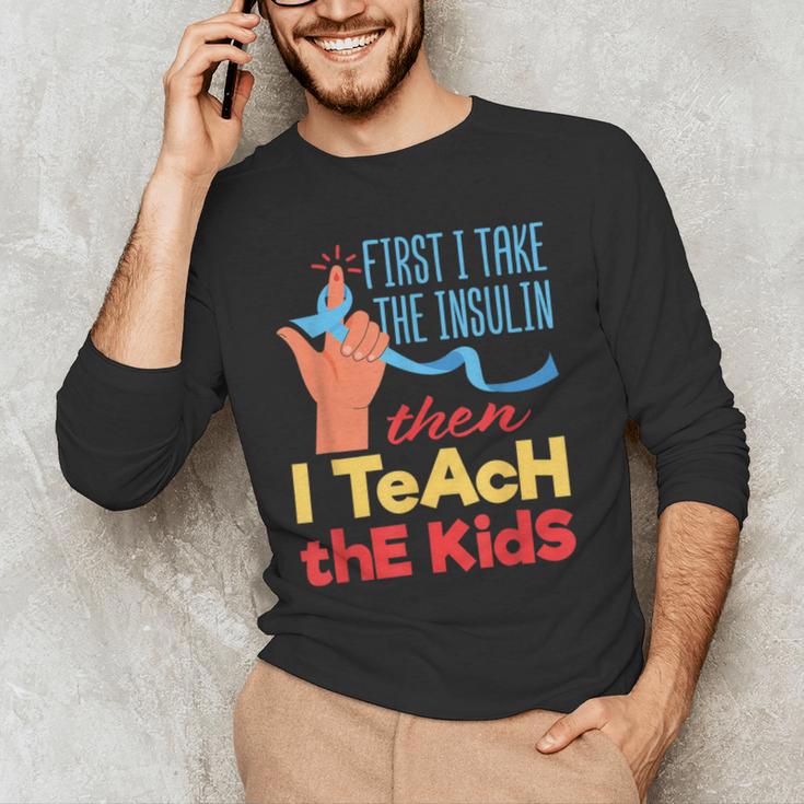 Diabetic Teacher Diabetes Awareness Insulin Blue Ribbon Men's Long Sleeve T-Shirt, novelty gifts, funny gifts